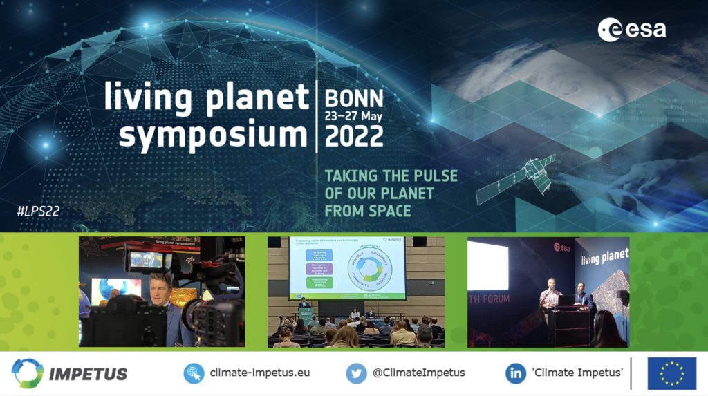Composite image including 3 photos, logos for IMPETUS project, ESA and EU plus text about Living Planet Symposium 2022